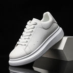 White Men's White Casual Sneakers with Chunky Platform Sole — Henry - Angled On Box