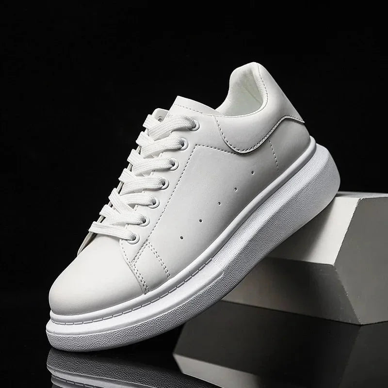 White Men's White Casual Sneakers with Chunky Platform Sole — Henry - Angled On Box