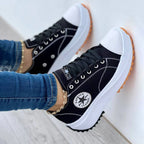 Black Women's Chunky Platform Walking Shoes — Jada Canvas Lace-Up Cap-Toe - Hanging Side Detail