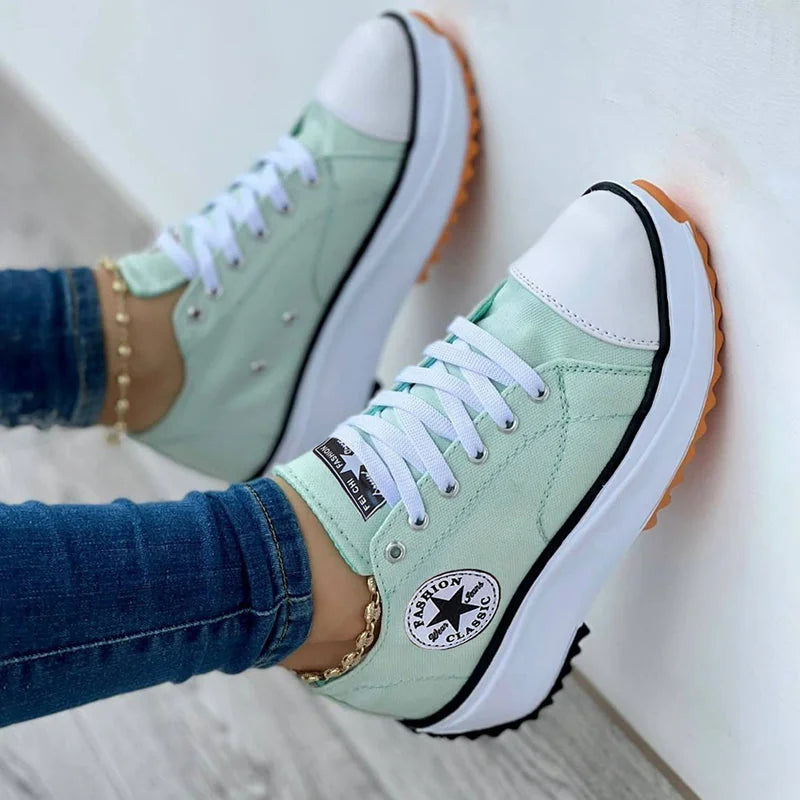 Mint Women's Chunky Platform Walking Shoes — Jada Canvas Lace-Up Cap-Toe - Hanging Close Up