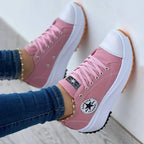 Pink Women's Chunky Platform Walking Shoes — Jada Canvas Lace-Up Cap-Toe - Hanging Lifestyle