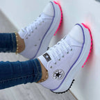 White Women's Chunky Platform Walking Shoes — Jada Canvas Lace-Up Cap-Toe - Hanging Front Detail