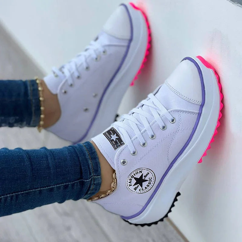 White Women's Chunky Platform Walking Shoes — Jada Canvas Lace-Up Cap-Toe - Hanging Front Detail
