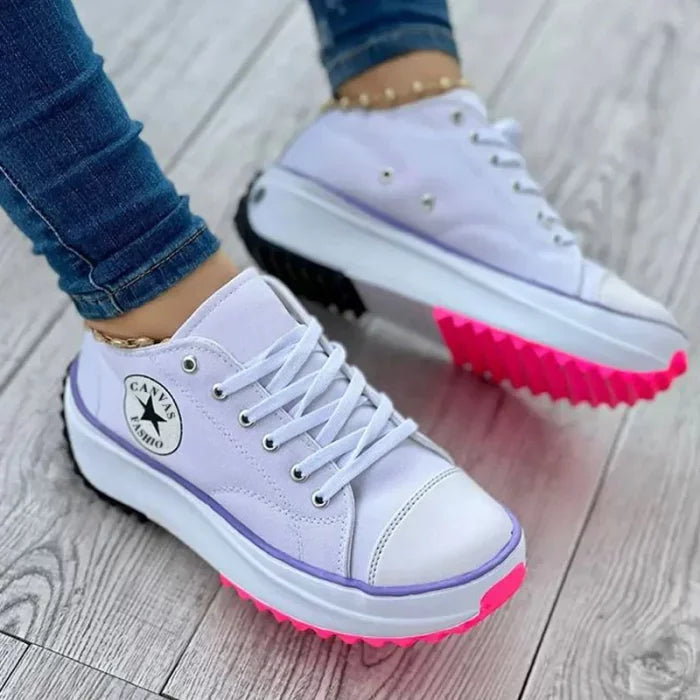 White Women's Chunky Platform Walking Shoes — Jada Canvas Lace-Up Cap-Toe - Worn Front Pose