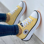 Yellow Women's Chunky Platform Walking Shoes — Jada Canvas Lace-Up Cap-Toe - Hanging Angle Detail