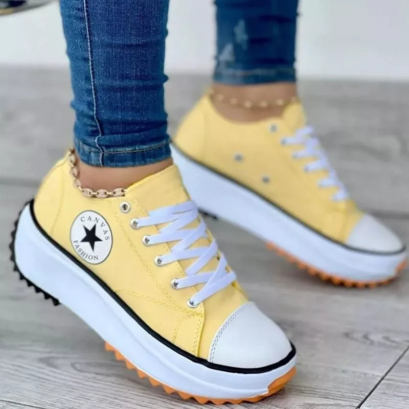 Yellow Women's Chunky Platform Walking Shoes — Jada Canvas Lace-Up Cap-Toe - Worn Side Pose