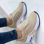 Beige Women's Chunky Sole Sneakers — Violetta Lace-Up Platform Lightweight - Worn Lifestyle Angle