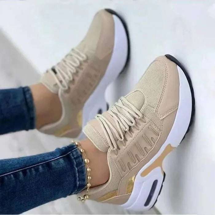 Beige Women's Chunky Sole Sneakers — Violetta Lace-Up Platform Lightweight - Worn Lifestyle Angle