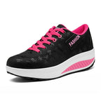 Black Women's Lace-Up Platform Sneakers — Tabitha Cushioned Wedge Comfort - Angle View