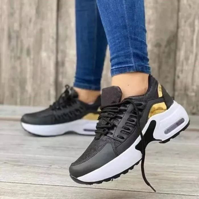 Black Women's Chunky Sole Sneakers — Violetta Lace-Up Platform Lightweight - Side Pose Walking