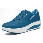 Blue Women's Lace-Up Platform Sneakers — Tabitha Cushioned Wedge Comfort - Side Profile