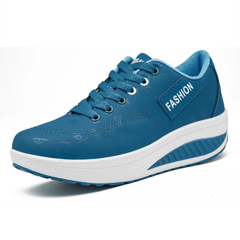 Blue Women's Lace-Up Platform Sneakers — Tabitha Cushioned Wedge Comfort - Side Profile