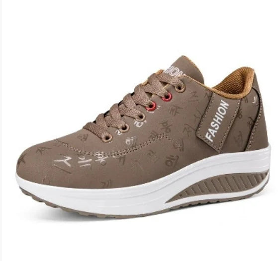 Brown Women's Lace-Up Platform Sneakers — Tabitha Cushioned Wedge Comfort - Profile View