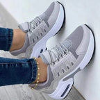 Gray Women's Chunky Sole Sneakers — Violetta Lace-Up Platform Lightweight - Worn Lifestyle Wall