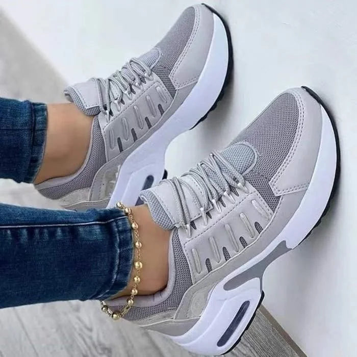 Gray Women's Chunky Sole Sneakers — Violetta Lace-Up Platform Lightweight - Worn Lifestyle Wall