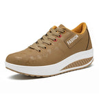 Khaki Women's Lace-Up Platform Sneakers — Tabitha Cushioned Wedge Comfort - Quarter View