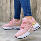 Pink Women's Chunky Sole Sneakers — Violetta Lace-Up Platform Lightweight - Front Pose Outdoor