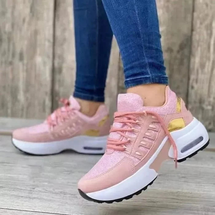 Pink Women's Chunky Sole Sneakers — Violetta Lace-Up Platform Lightweight - Front Pose Outdoor