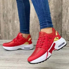 Red Women's Chunky Sole Sneakers — Violetta Lace-Up Platform Lightweight - Walking Pose Outdoor