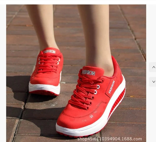Red Women's Lace-Up Platform Sneakers — Tabitha Cushioned Wedge Comfort - Worn Lifestyle