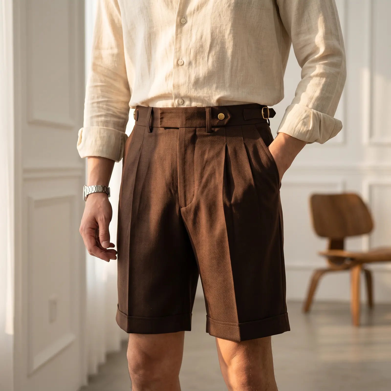 Brown Men's Pleated Gurkha Shorts with Buckle Side Tabs & Cuffed Hem — Sullivan