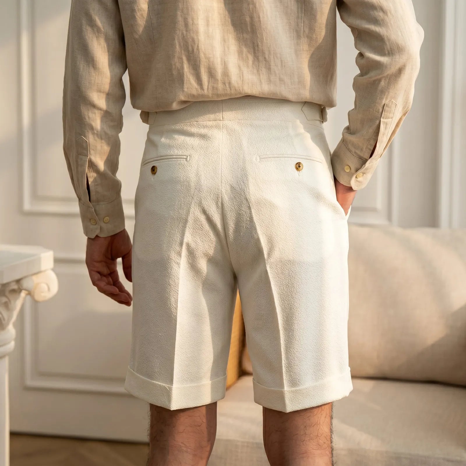 White Men's Pleated Gurkha Shorts with Buckle Side Tabs & Cuffed Hem — Sullivan - Back Detail