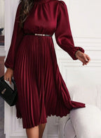 Burgundy Women's Midi Evening Dress with Lantern Sleeves & Pleated Skirt