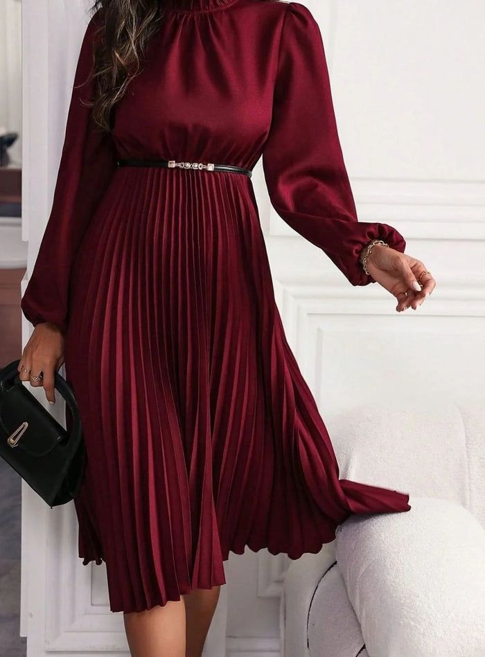 Burgundy Women's Midi Evening Dress with Lantern Sleeves & Pleated Skirt