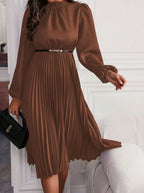 Chestnut Brown Women's Midi Evening Dress with Lantern Sleeves & Pleated Skirt - Side Stance