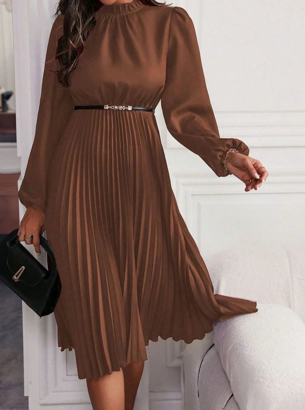 Chestnut Brown Women's Midi Evening Dress with Lantern Sleeves & Pleated Skirt - Side Stance