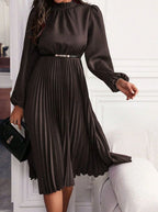 Coffee Women's Midi Evening Dress with Lantern Sleeves & Pleated Skirt - Walking Pose