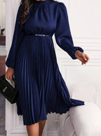 Dark Blue Women's Midi Evening Dress with Lantern Sleeves & Pleated Skirt - Close Up Waist