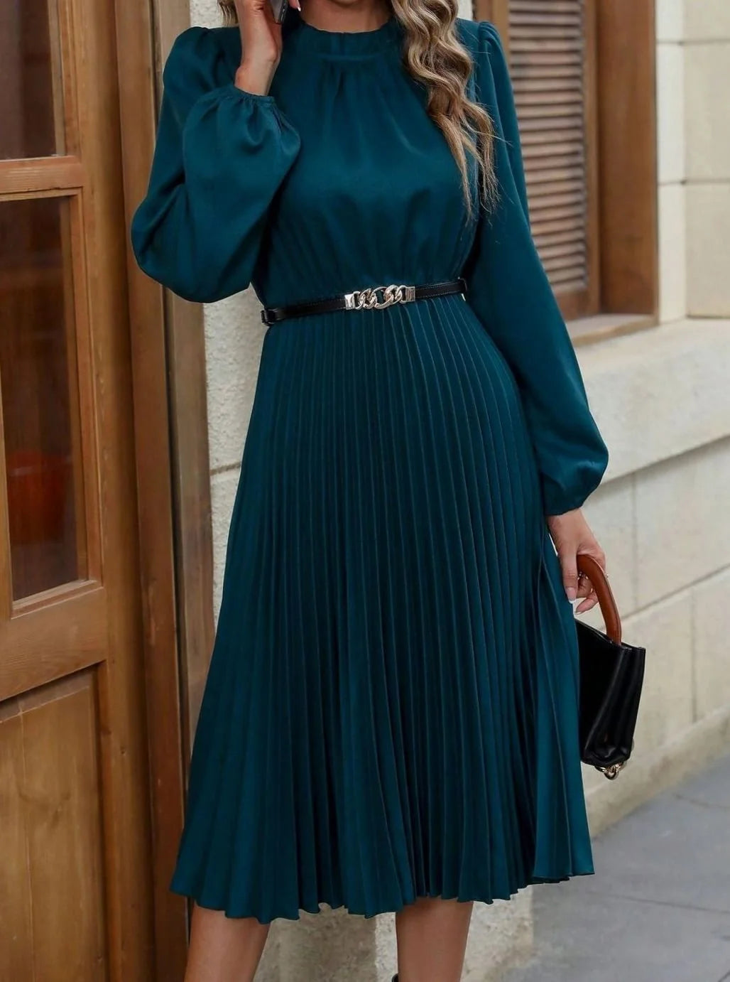 Teal Women's Midi Evening Dress with Lantern Sleeves & Pleated Skirt - Outdoor Pose