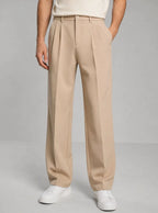 Beige Men's Pleated Straight Leg Trousers with Button-Front Waistband