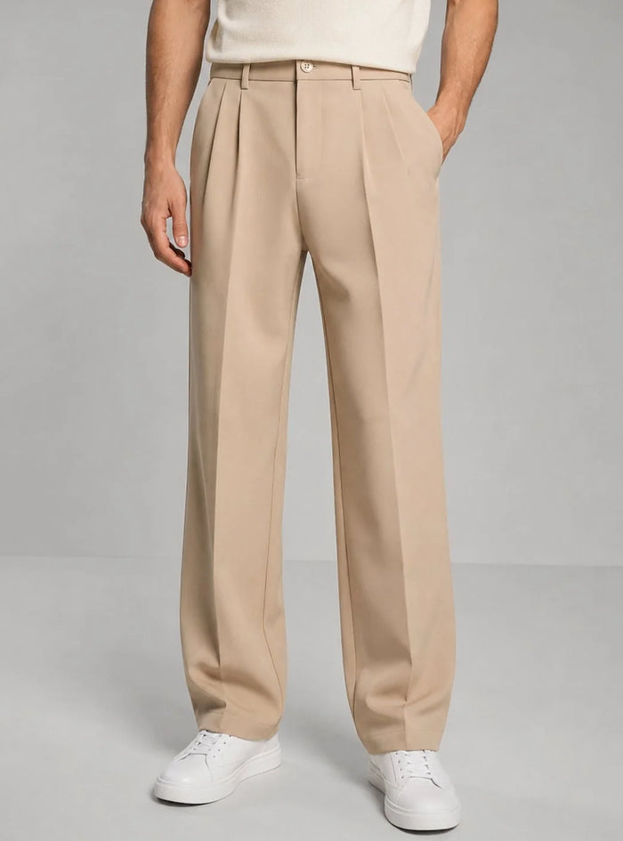 Beige Men's Pleated Straight Leg Trousers with Button-Front Waistband