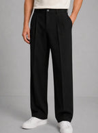 Black Men's Pleated Straight Leg Trousers with Button-Front Waistband — Hudson