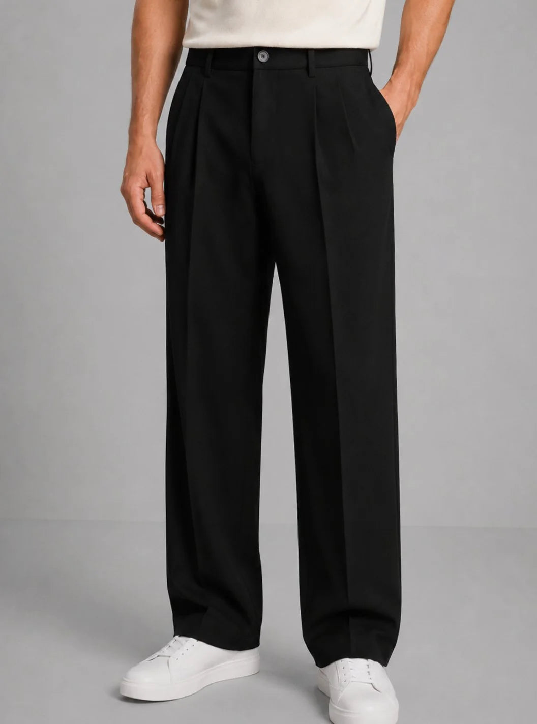 Black Men's Pleated Straight Leg Trousers with Button-Front Waistband — Hudson