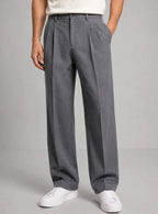 Grey Men's Pleated Straight Leg Trousers with Button-Front Waistband