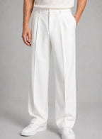 White Men's Pleated Straight Leg Trousers with Button-Front Waistband