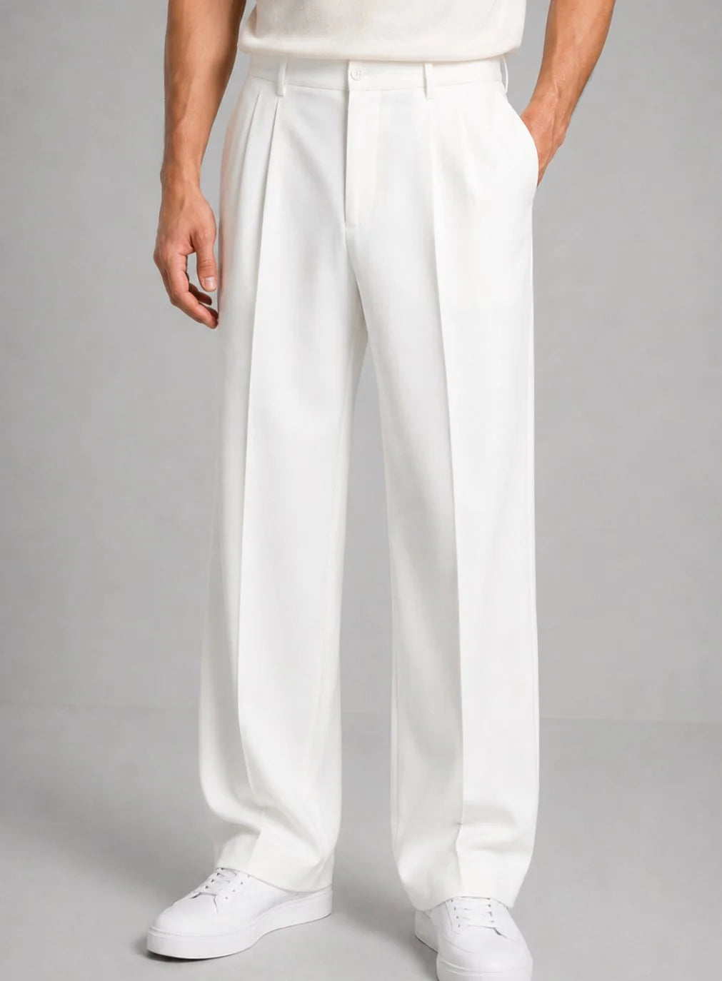 White Men's Pleated Straight Leg Trousers with Button-Front Waistband