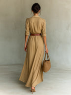 Beige Women's Plunging Wrap Maxi Dress — Harlow Belted Shirt Draped - Back Full