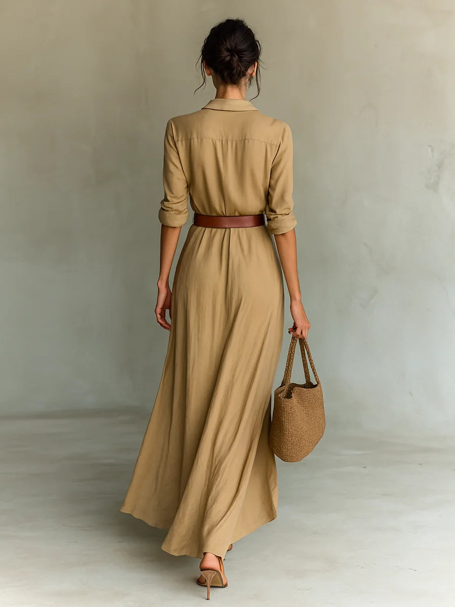 Beige Women's Plunging Wrap Maxi Dress — Harlow Belted Shirt Draped - Back Full