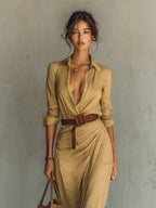 Beige Women's Plunging Wrap Maxi Dress — Harlow Belted Shirt Draped - Close Up Bodice