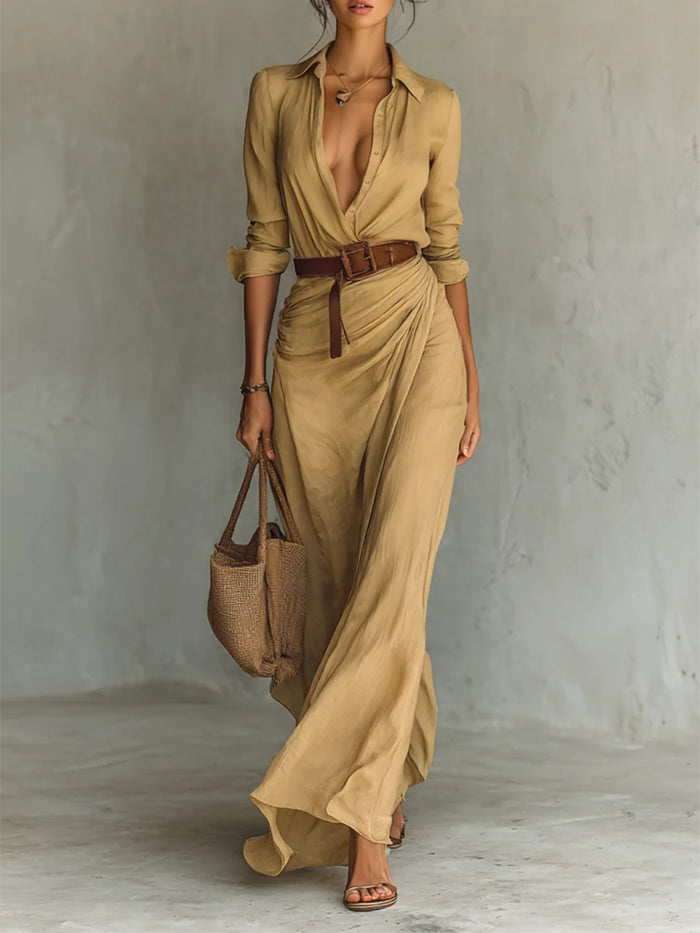 Beige Women's Plunging Wrap Maxi Dress — Harlow Belted Shirt Draped - Front Full