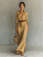 Beige Women's Plunging Wrap Maxi Dress — Harlow Belted Shirt Draped - Side Pose