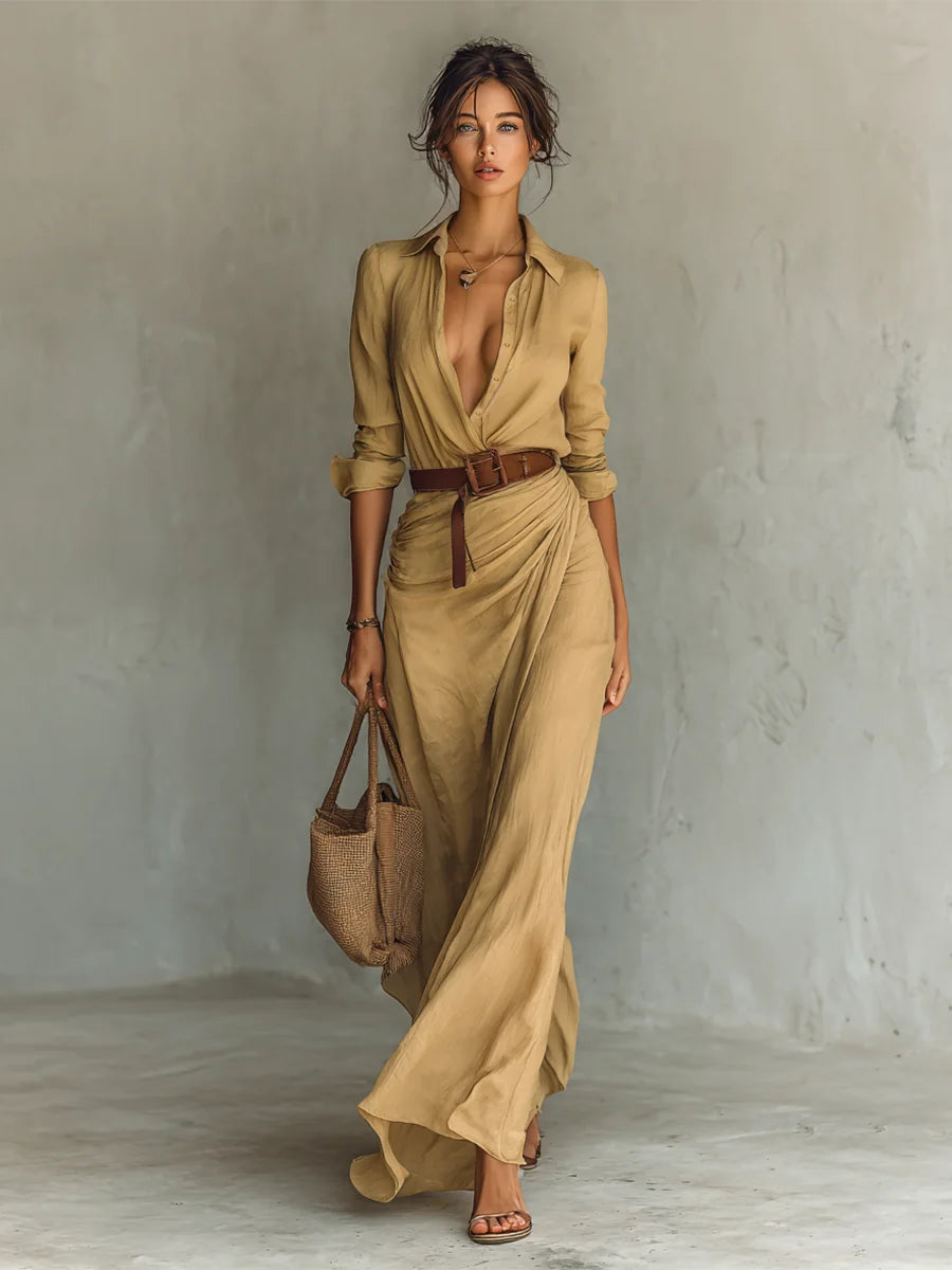 Beige Women's Plunging Wrap Maxi Dress — Harlow Belted Shirt Draped - Side Pose