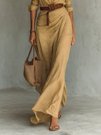 Beige Women's Plunging Wrap Maxi Dress — Harlow Belted Shirt Draped - Skirt Detail