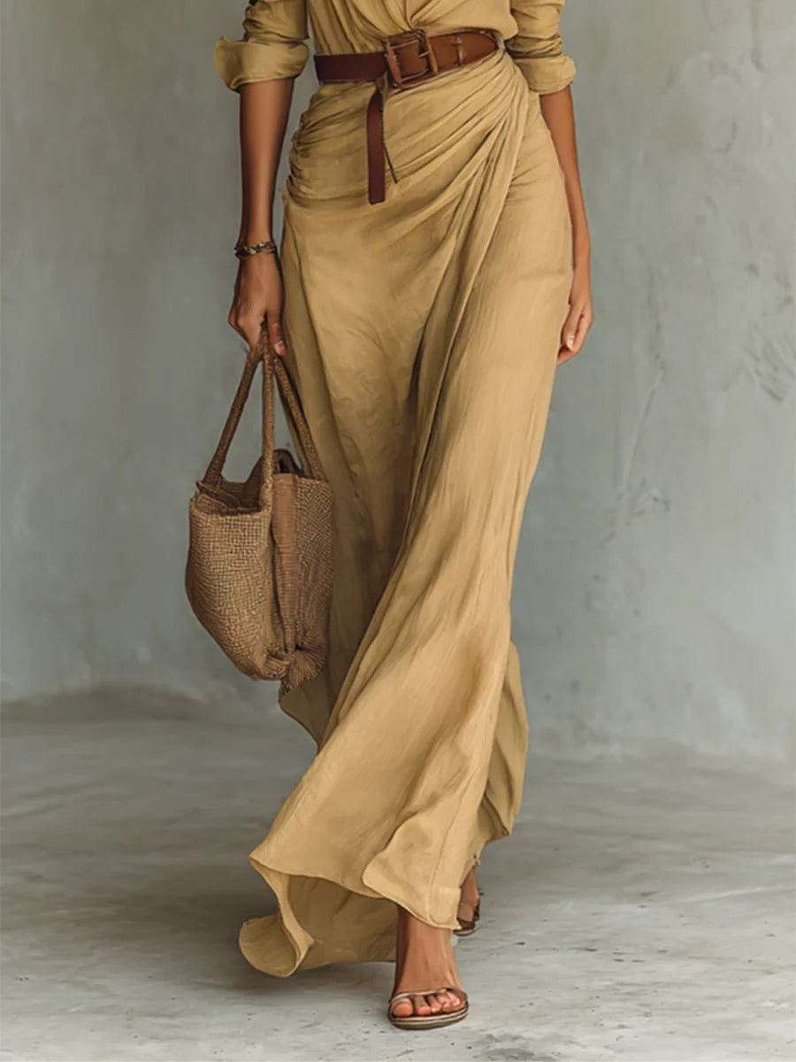 Beige Women's Plunging Wrap Maxi Dress — Harlow Belted Shirt Draped - Skirt Detail