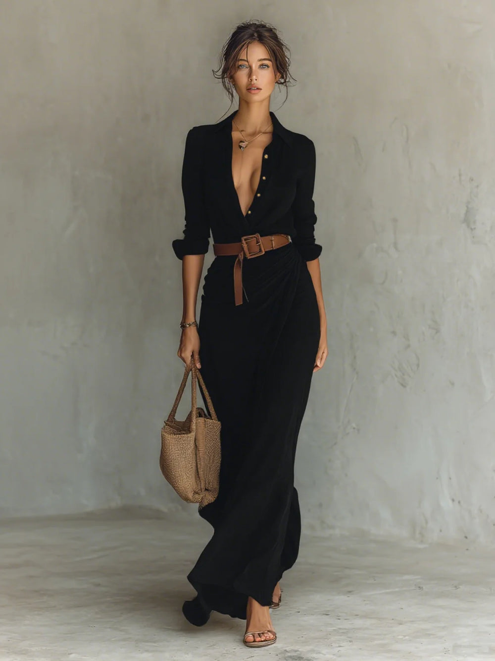 Black Women's Plunging Wrap Maxi Dress — Harlow Belted Shirt Draped - Front Pose