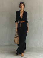 Black Women's Plunging Wrap Maxi Dress — Harlow Belted Shirt Draped - Front Pose